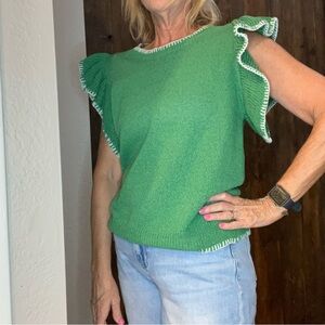 JODIFL Green Knit Crewneck Sweater with White Trim and Ruffle Sleeves